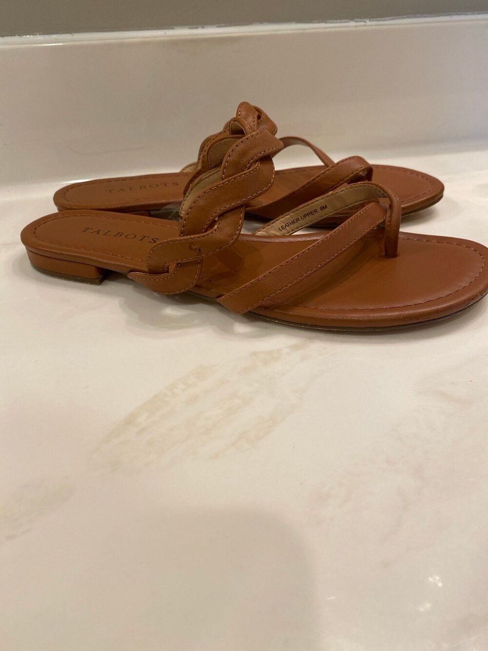 Talbots Brown Leather Strappy Sandals Size 8 M Flats Thong Slip On Braided Beach - Picture 3 of 11